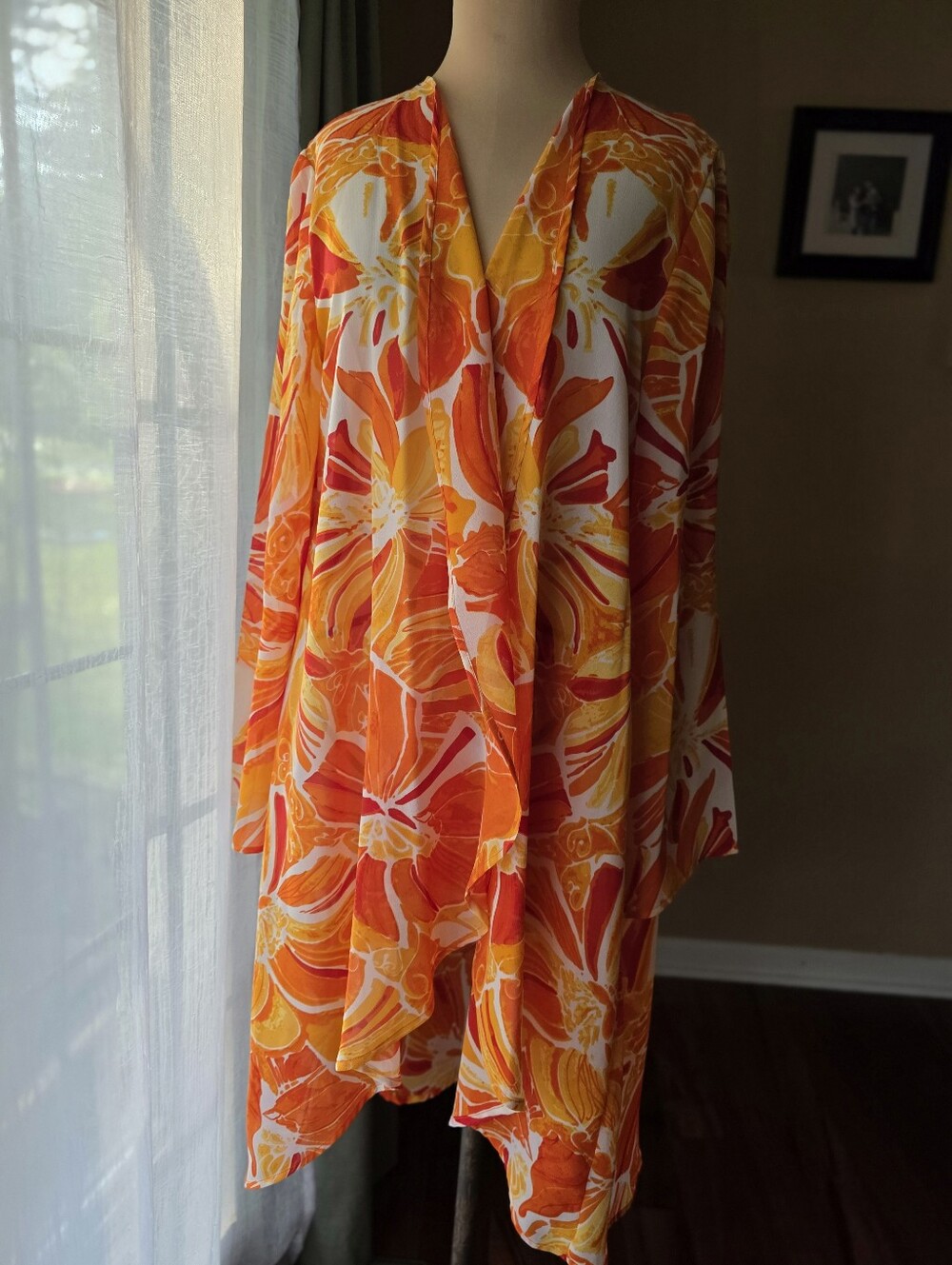 VTG Midnight Velvet Orange Floral Sheer‎ Open Front Duster Cardigan Kimono XL